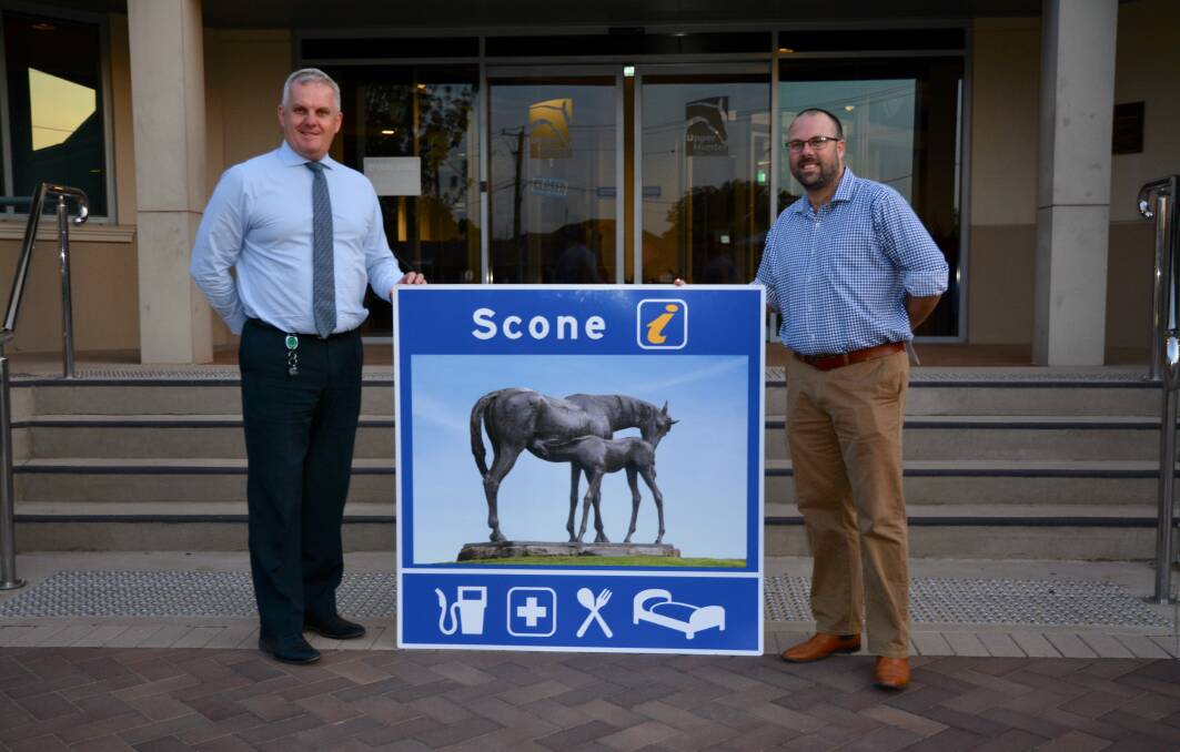 SIGNAGE: A model of the signage which will appear on the northern and southern approach to Scone to lure people off the bypass once it's complete was presented on Tuesday night. The actual signage will be 4.2m x 4.2m.