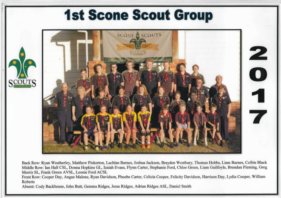 NOW: Current group taken in 2017 outside of the Scone Scout Hall.