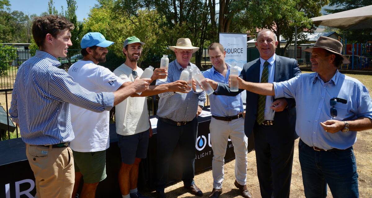 CHEERS: Representatives from SOURCE Water and Three Blue Ducks with Wayne Bedggood, Maurice Collison and Michael Johnsen MP trying the new water from hydropanels installed at Murrurundi Public School.