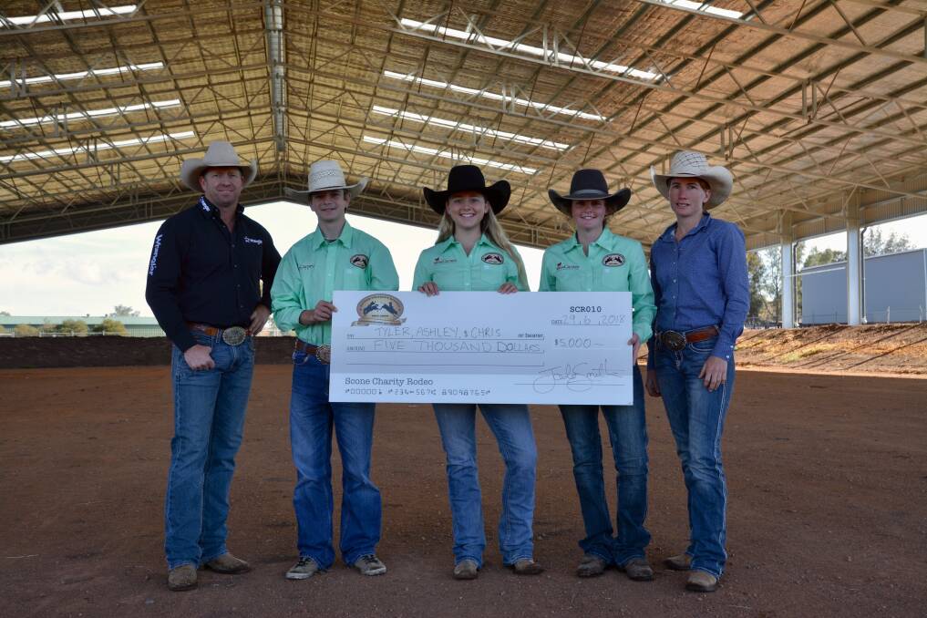 READY FOR WORLD STAGE: Scone Charity Rodeo president Jade Smith, rodeo contestants Chris Wilson, Tyler Palmer and Ash Randle and Scone Charity Rodeo secretary Jessica Norton after the committee presented the juniors with a $5,000 cheque.