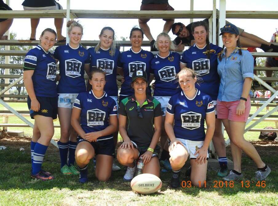 TOURNAMENT READY: Scone Brumbies players with Australian 7's Olympic Gold Medalist Charlotte Caslick at the 2018 Women's Sevens Rugby Tournament. Photo: Supplied 