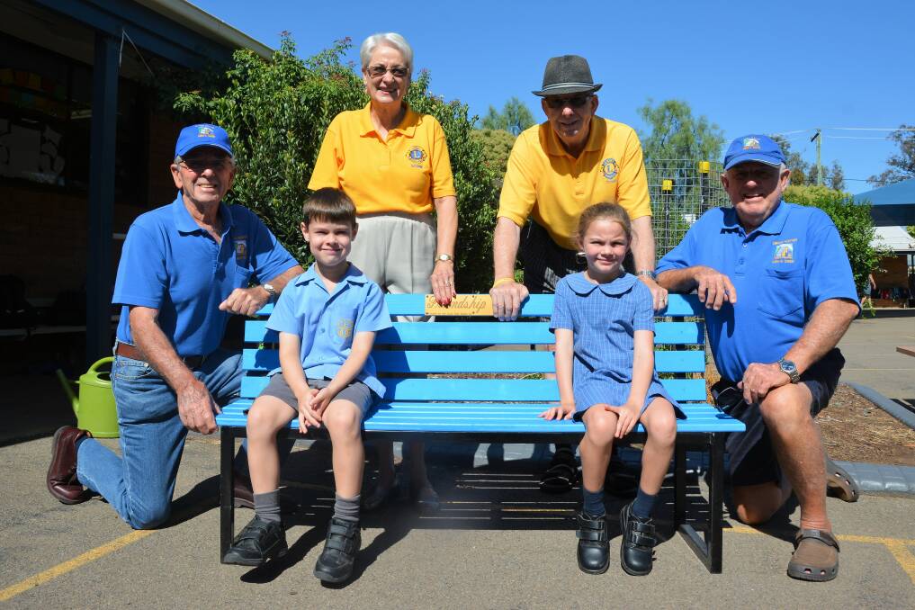 FRIENDSHIP: Upper Hunter Men's Shed's John Pratley and Warren Richards with the Lion Club of Scone's Maria and John Musumeci with St Mary's Primary School Scone students Myles and Amelia.