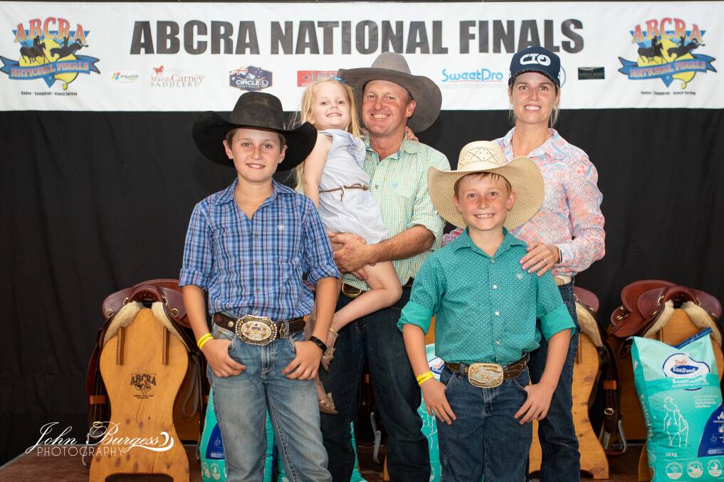 SUCCESS IN THE SADLE: The Sadler family of Bunnan, Clay, Toby, Lexi, Adam and Alison at the ABCRA national finals. Photo: John Burgess Photography 