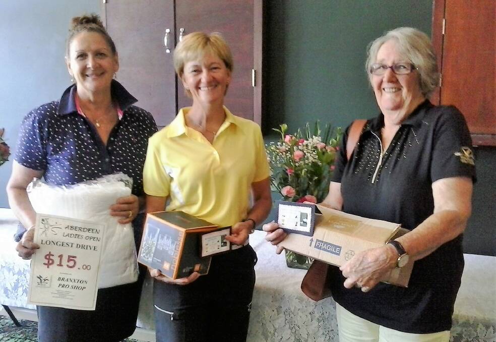 Aberdeen Ladies Open 2018: June Jukes Long Drive and NTP Division 1 winner, Lyn Banks Division 1 Scratch winner and Judy Carmody Division 2 Nett winner with their prizes on Wednesday. 