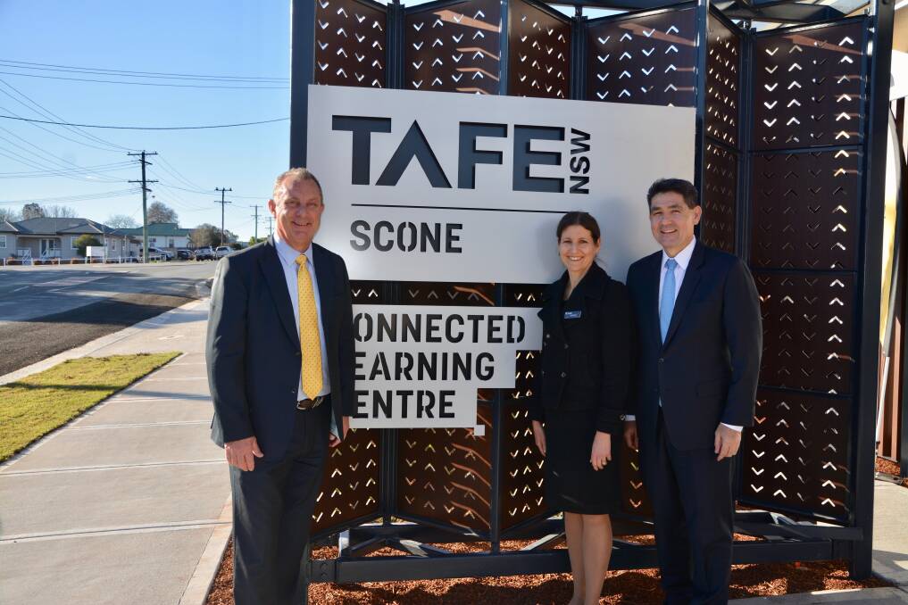 NEW ERA OF LEARNING: Member for the Upper Hunter Michael Johnsen, Regional General Manager for TAFE NSW's North Region Susie George and Minister for Skills and Tertiary Education Geoff Lee officially open the Scone CLC on Thursday. 