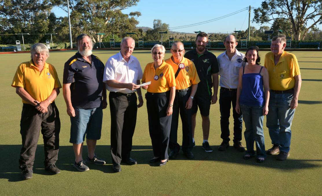 SUPPORT: Scone Lions Club Geoffrey Pund, Scone Bowling Club President Doug Campbell, TransCare general manager Garry Lane, Scone Lions Maria and John Musumeci, Nathan Moore (Nathan Moore Tiling), Ben Farrow (Farrow Mechanical), Katrina Johnson and Scone Lions Ian Morgan. 