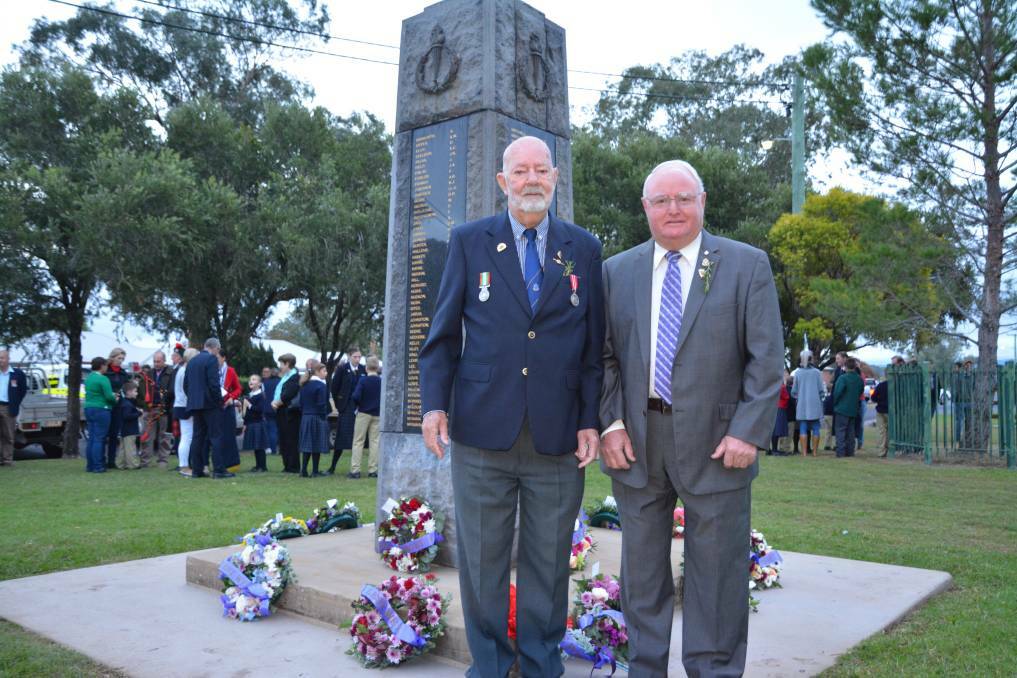 Scone RSL Sub-Branch president Val Quinell and secretary George Clementson at the Scone 2018 Anzac Day dawn service.
