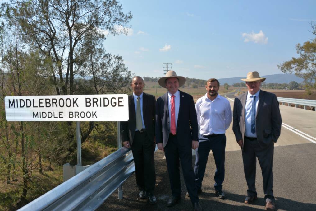 UPGRADE: Upper Hunter MP Michael Johnsen, Member for New England Barnaby Joyce, Michael Waeger owner of Waeger Constructions and Deputy Mayor Maurice Collison at the new Middlebrook Bridge.