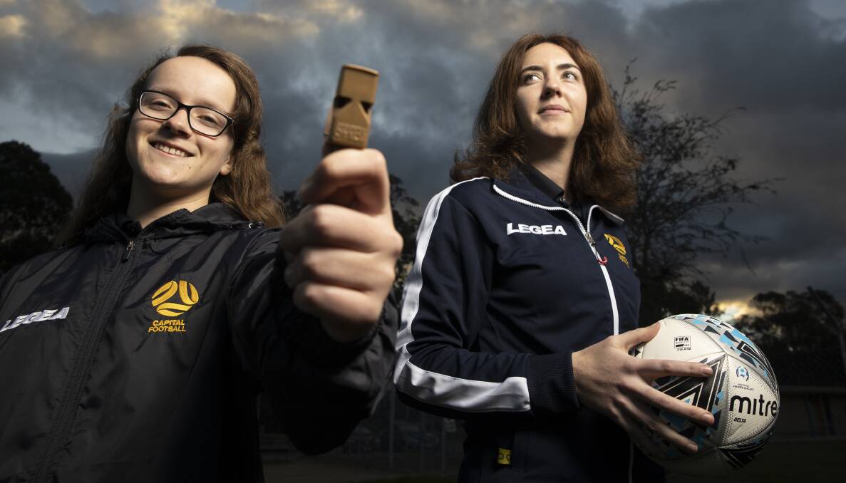 Capital Football referees Elise Fisher and Georgia Ghirardello. Picture: Sitthixay Ditthavong