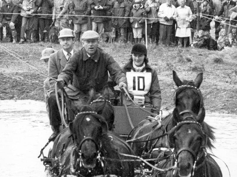 Prince Philip, who has died at 99, in action in a carriage driving competition in Windsor in 1984.