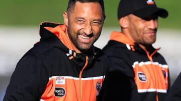 It's all smiles in the Tigers camp after Benji Marshall's debut NRL coaching win over Cronulla. (Mark Evans/AAP PHOTOS)