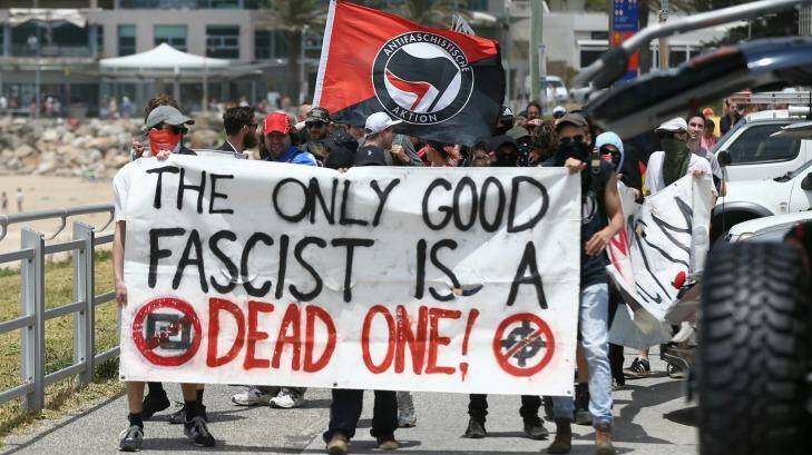 Members of the anti-fascist Antifa group at the anniversary of the Cronulla race riots. Photo: Alex Ellinghausen