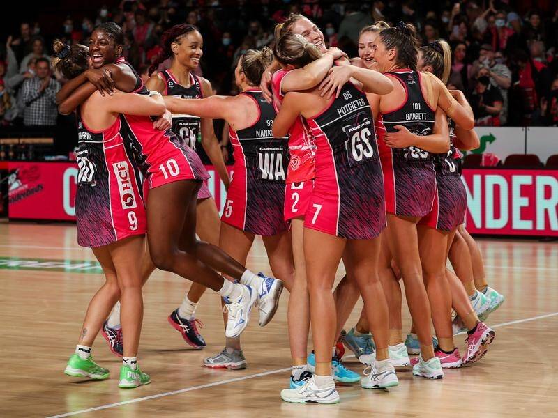 The Thunderbirds celebrate their second win of the Super Netball season after beating the Swifts.