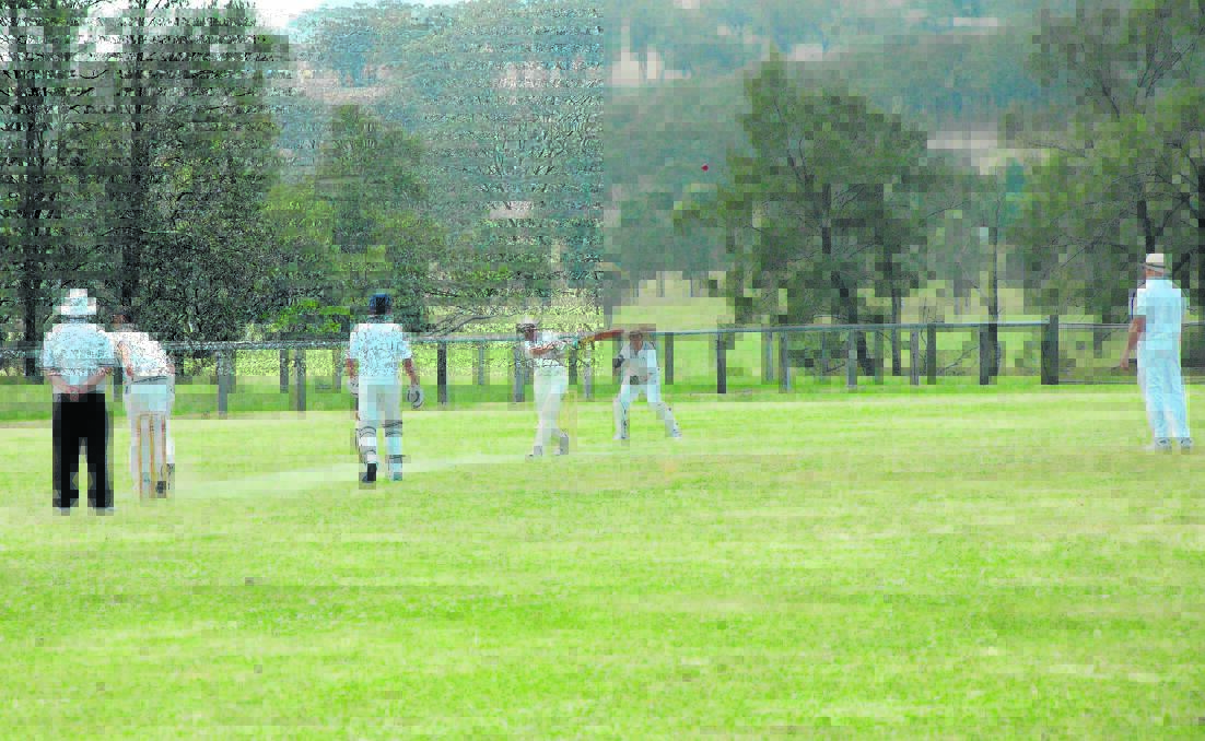 Upper Hunter cricketers playing in the first re-enactment of a cricket photograph two years ago at Thornthwaite, and (inset) Russ Lazarus, Matt Emanuel and Yvonne Lazarus enjoying the event.