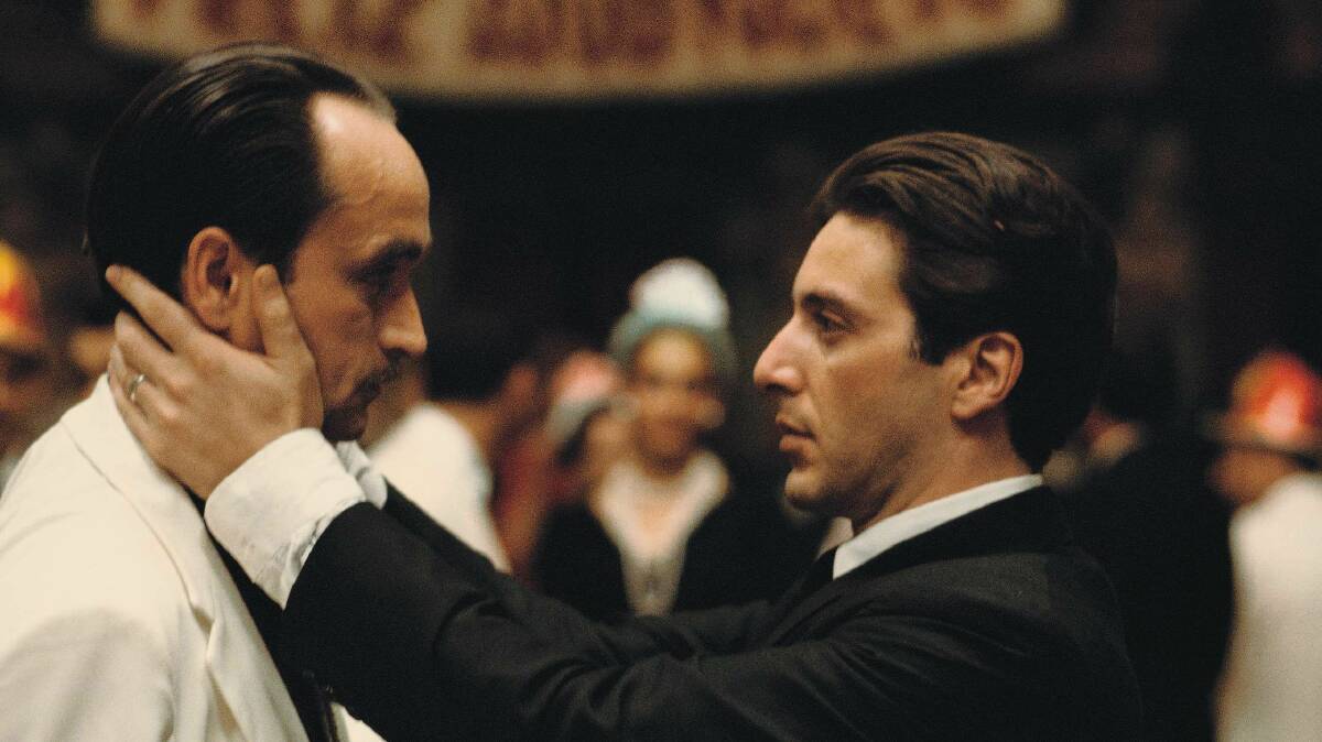 Michael Corleone (Al Pacino) about to give his brother Fredo the 'kiss of death' in Godfather II.