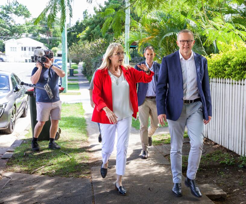 Labor's candidate for Brisbane, Madonna Jarrett, with Jim Chalmers and Anthony Albanese. Picture: Sitthixay Ditthavong