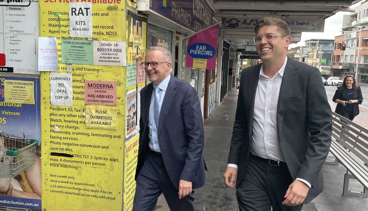 Albanese campaigning with Labor's candidate for Bennelong, Jerome Laxale, in Ryde on Thursday afternoon. Picture: Dan Jervis-Bardy 