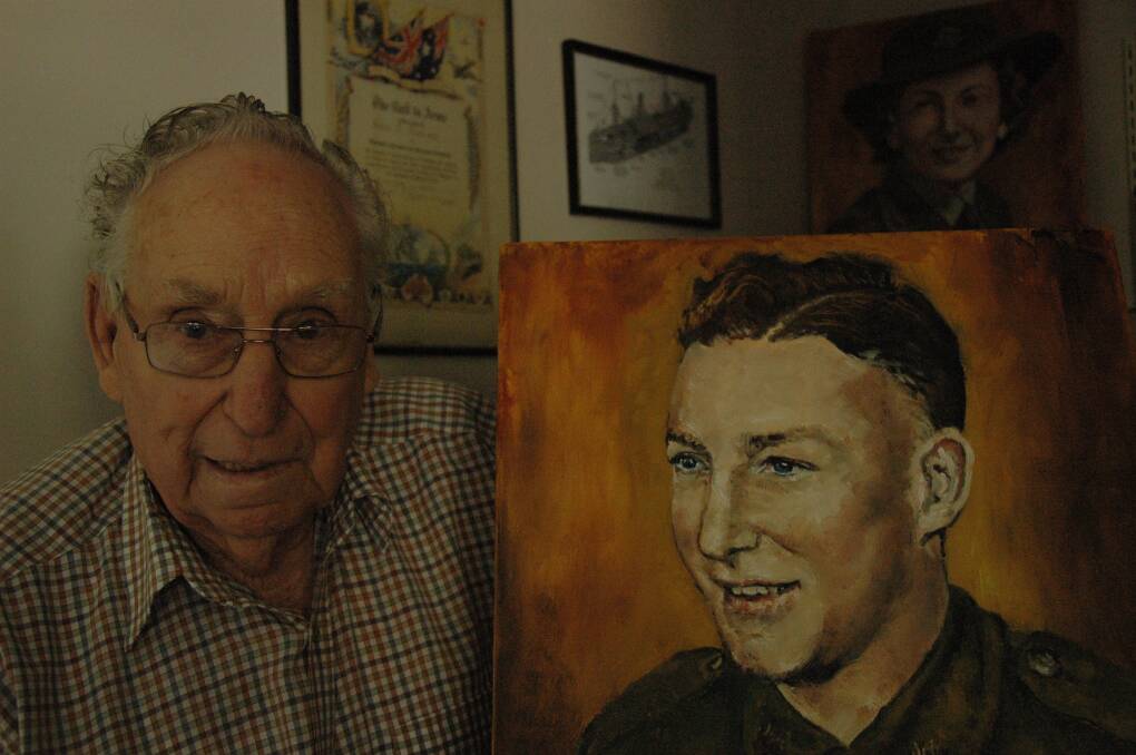 Memories: Former POW Allan Brideoake at home in Scone surrounded by memories of the war years  including portraits of himself  and  his late wife, Ruth.